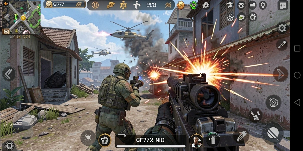Screenshot utama GF777 menunjukkan aksi seru pertempuran TPS.