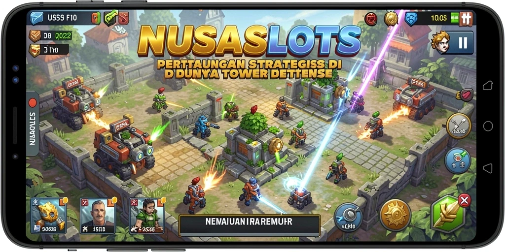 Tampilan gameplay NUSASLOTS dengan menara yang siap bertahan.