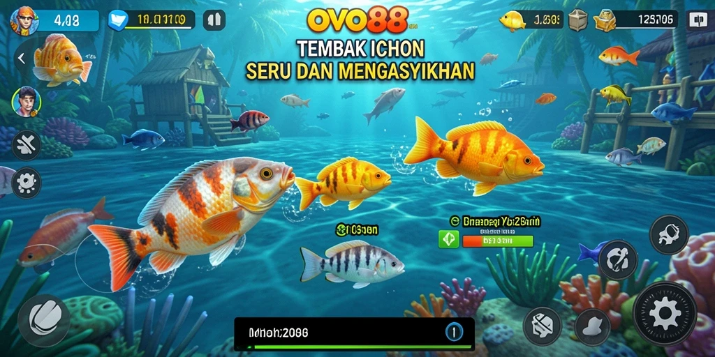 Tampilan gameplay seru dalam OVO88 saat menembak ikan.