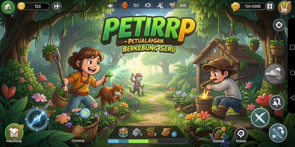 Tangkapan layar utama PETIRRP menampilkan kebun yang subur dengan berbagai tanaman.