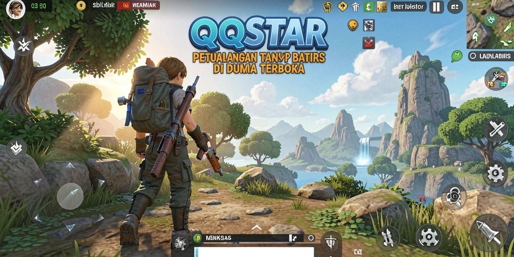 Tangkapan layar QQSTAR menampilkan aksi seru dalam dunia terbuka.