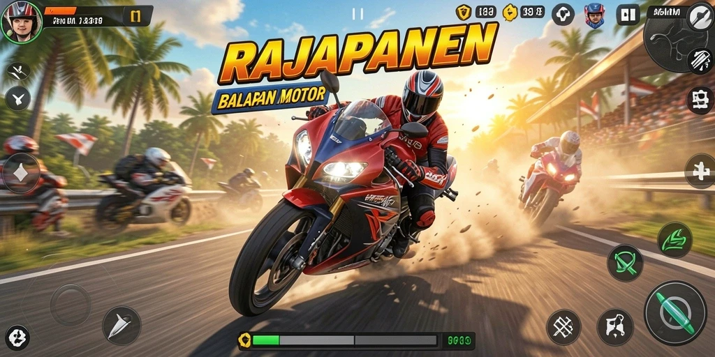 Screenshot gameplay <strong>RAJAPANEN</strong> menampilkan balapan motor yang seru dan menegangkan.