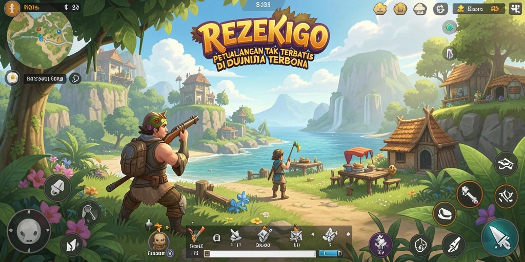 Screenshot gameplay REZEKIGO menampilkan eksplorasi luas dunia terbuka.